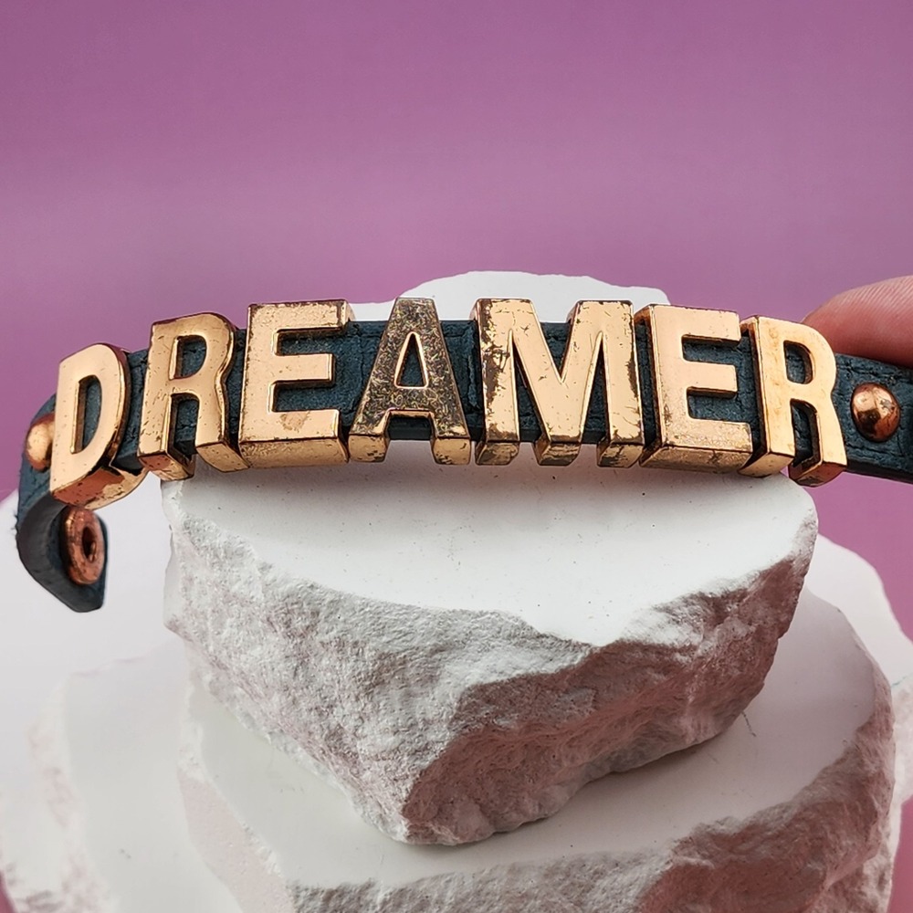 BCBGeneration DREAMER Teal Faux Leather Rose Gold Tone Letter Bracelet Cuff